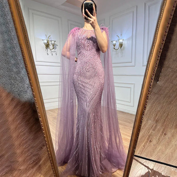 Serene Hill Pink Mermaid Elegant Cape Sleeves Evening Dresses Gowns 2025 Luxury Feathers Beaded For Women Party LA71709