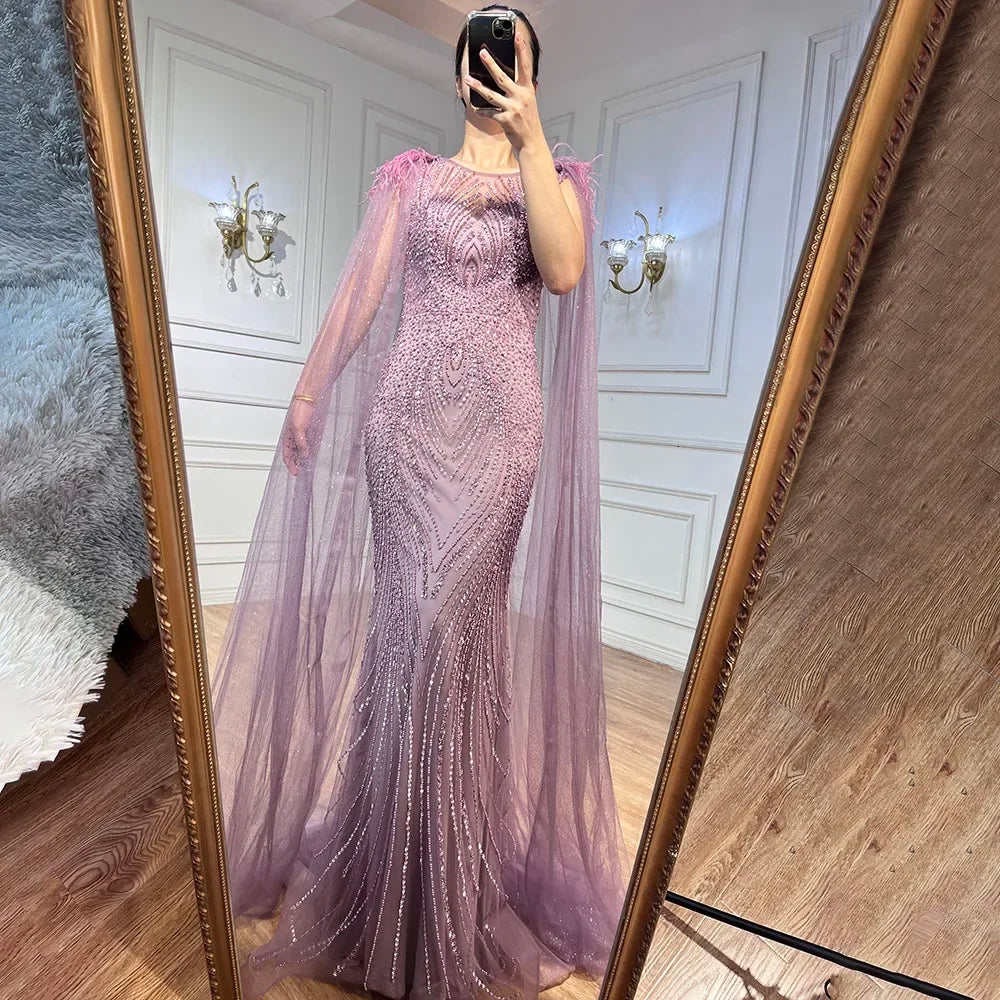 Serene Hill Pink Mermaid Elegant Cape Sleeves Evening Dresses Gowns 2025 Luxury Feathers Beaded For Women Party LA71709 - SERENE HILL