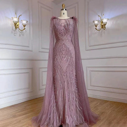 Serene Hill Pink Mermaid Elegant Cape Sleeves Evening Dresses Gowns 2025 Luxury Feathers Beaded For Women Party LA71709 - SERENE HILL