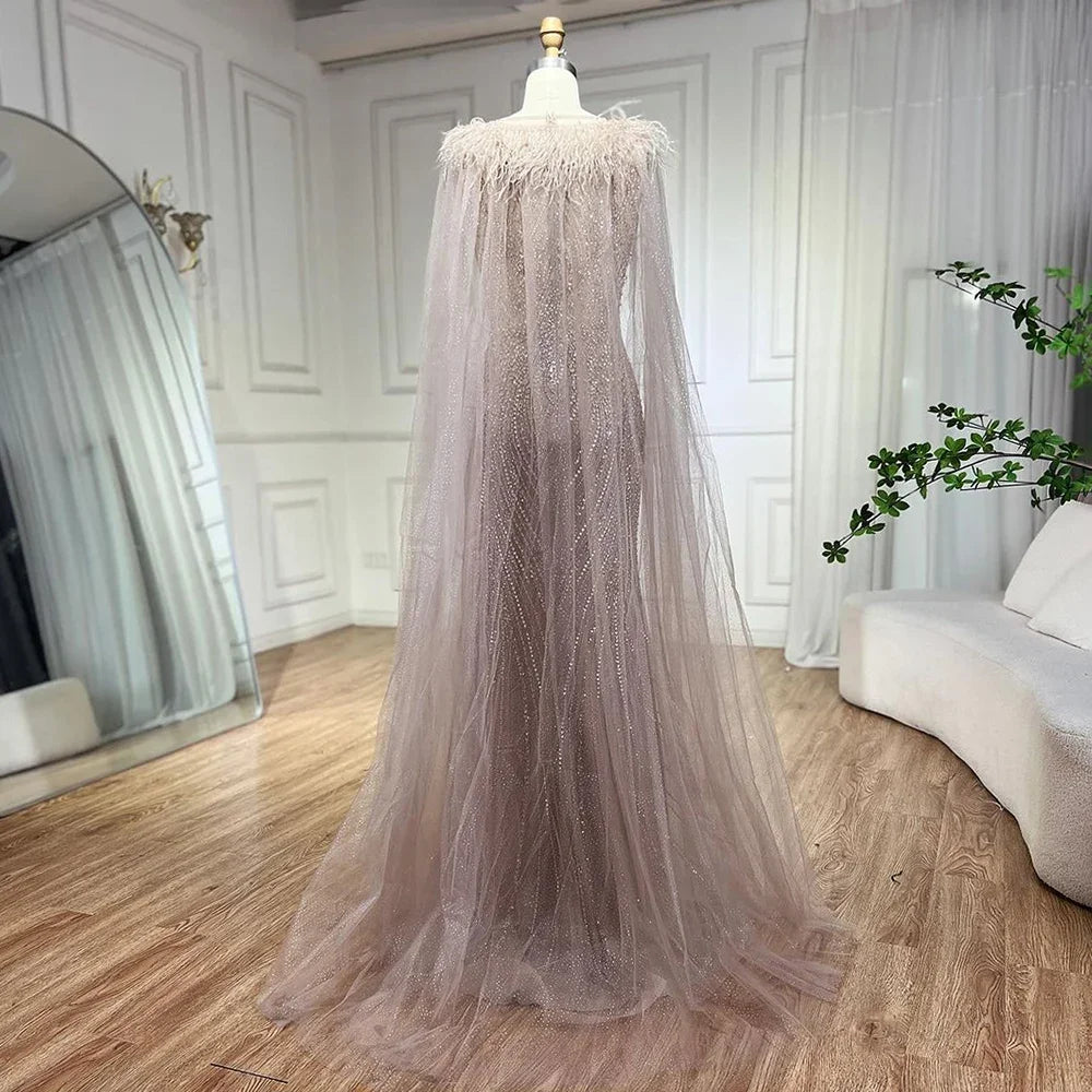 Serene Hill Pink Mermaid Elegant Cape Sleeves Evening Dresses Gowns 2025 Luxury Feathers Beaded For Women Party LA71709 - SERENE HILL