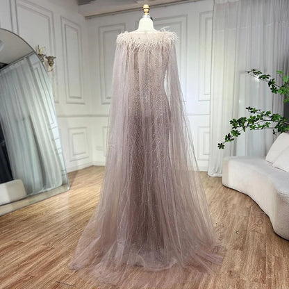 Serene Hill Pink Mermaid Elegant Cape Sleeves Evening Dresses Gowns 2025 Luxury Feathers Beaded For Women Party LA71709 - SERENE HILL