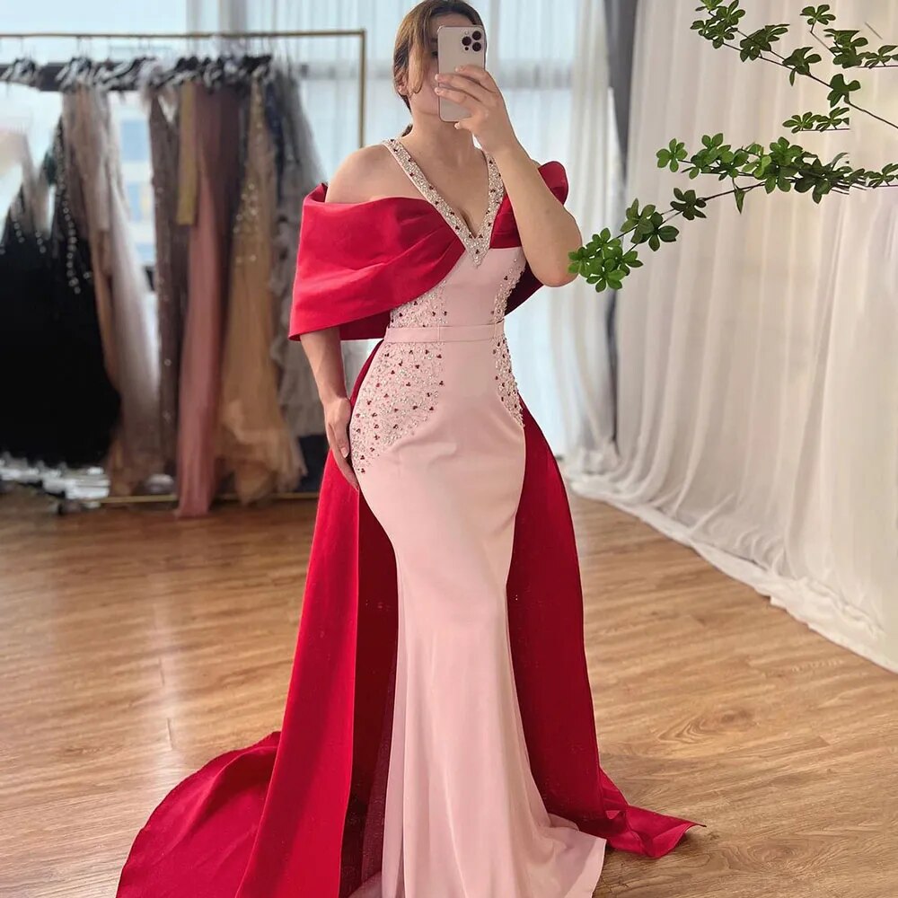 Luxury Arabic Pink Burgundy Mermaid Evening Dress with Cape LA72121 Pink / 4 Luxury Arabic Pink Burgundy Mermaid Evening Dress with Cape LA72121 Pink / 4
