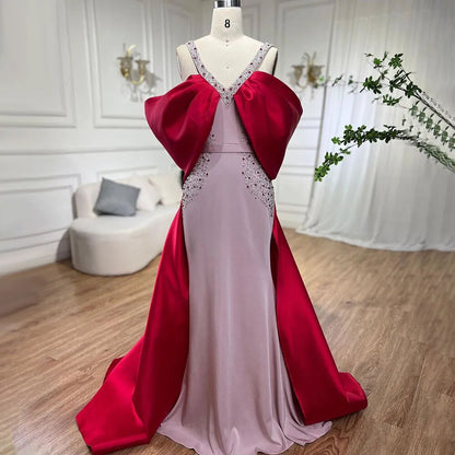 Luxury Arabic Pink Burgundy Mermaid Evening Dress with Cape LA72121 - SERENE HILL