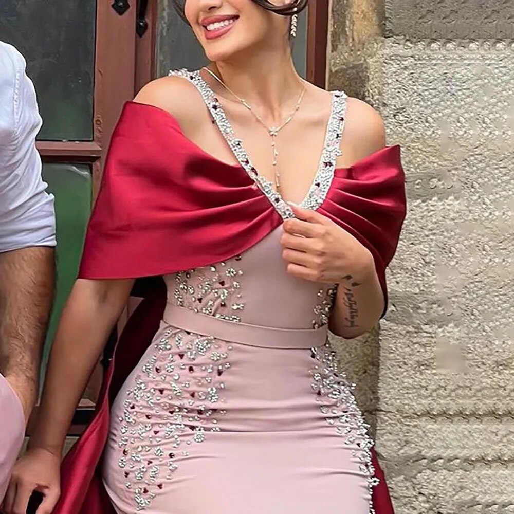 Luxury Arabic Pink Burgundy Mermaid Evening Dress with Cape LA72121 - SERENE HILL