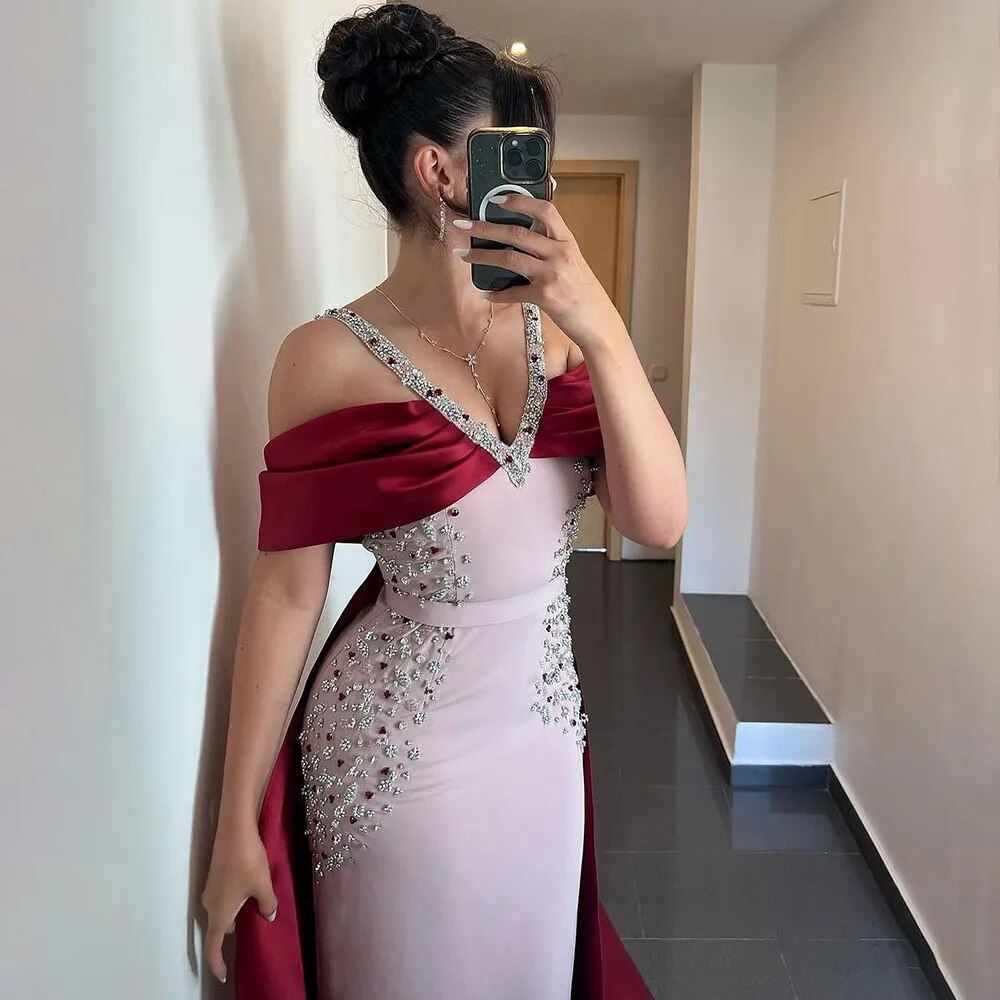 Luxury Arabic Pink Burgundy Mermaid Evening Dress with Cape LA72121 - SERENE HILL