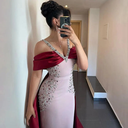 Luxury Arabic Pink Burgundy Mermaid Evening Dress with Cape LA72121 - SERENE HILL
