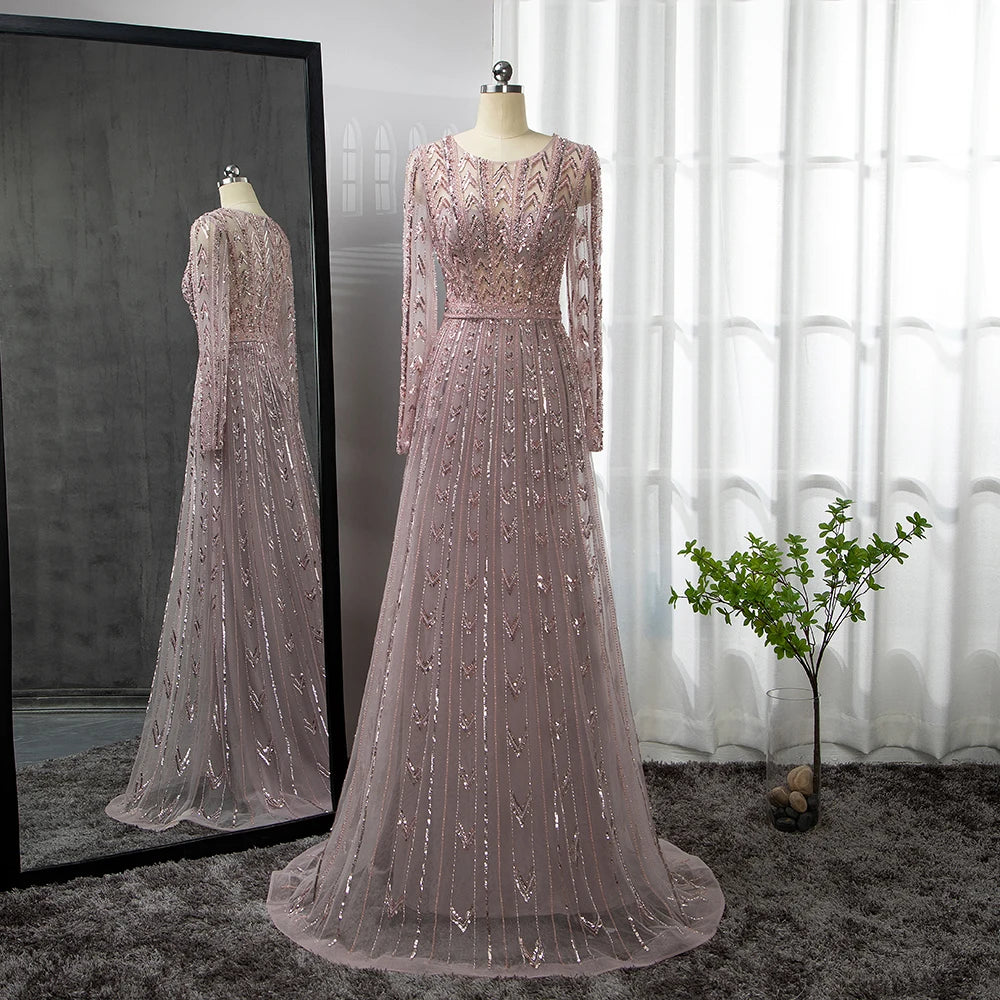 Serene Hill Pink Mermaid Elegant O-Neck Long SleevesEvening Dresses Gowns Luxury Beaded For Woman Party LA71696 - SERENE HILL