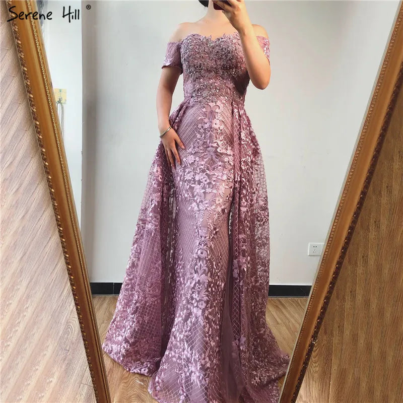 Serene Hill Pink Mermaid Elegant Short Sleeve Flowers Evening Dresses 2025 Dubai Sexy Off Shoulder Lace Crystal Gowns LA70200 - SERENE HILL