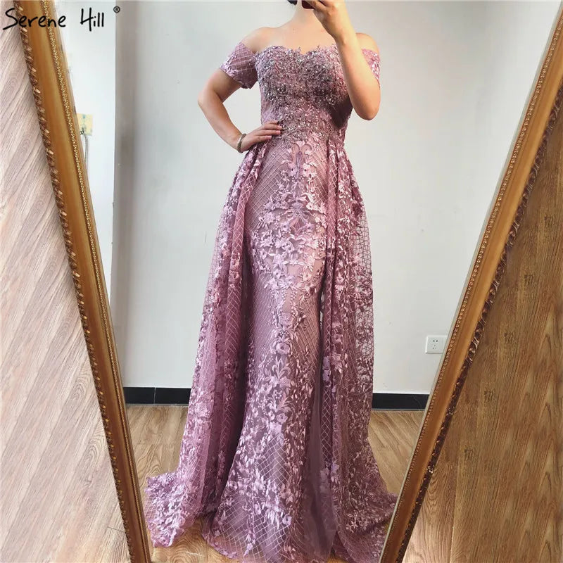 Serene Hill Pink Mermaid Elegant Short Sleeve Flowers Evening Dresses 2025 Dubai Sexy Off Shoulder Lace Crystal Gowns LA70200 - SERENE HILL