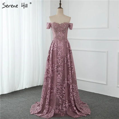 Serene Hill Pink Mermaid Elegant Short Sleeve Flowers Evening Dresses 2025 Dubai Sexy Off Shoulder Lace Crystal Gowns LA70200 - SERENE HILL