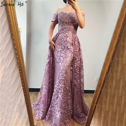 Serene Hill Pink Mermaid Elegant Short Sleeve Flowers Evening Dresses 2025 Dubai Sexy Off Shoulder Lace Crystal Gowns LA70200 - SERENE HILL