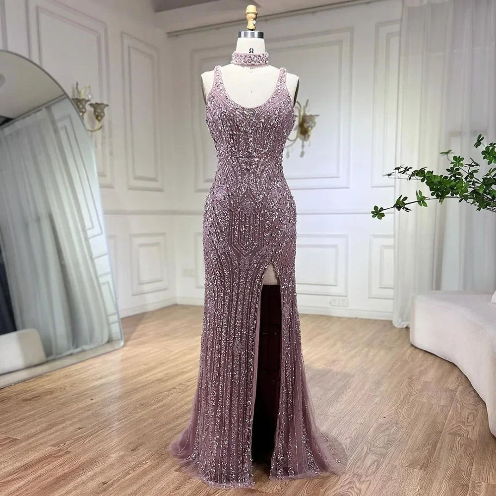 Serene Hill Pink Mermaid Elegant Sleeveless High Split Luxury Dubai Evening Dresses Gowns For Women Wedding Party 2025 LA72259 - SERENE HILL