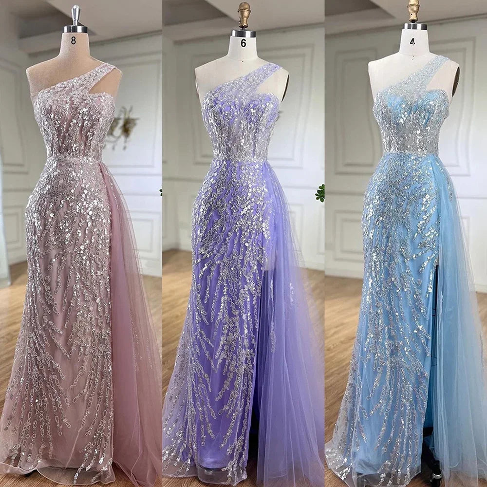 Serene Hill Pink Mermaid Overskirt Evening Dresses Gowns 2025 One Shoulder Beaded Elegant For Women Party LA71616 - SERENE HILL