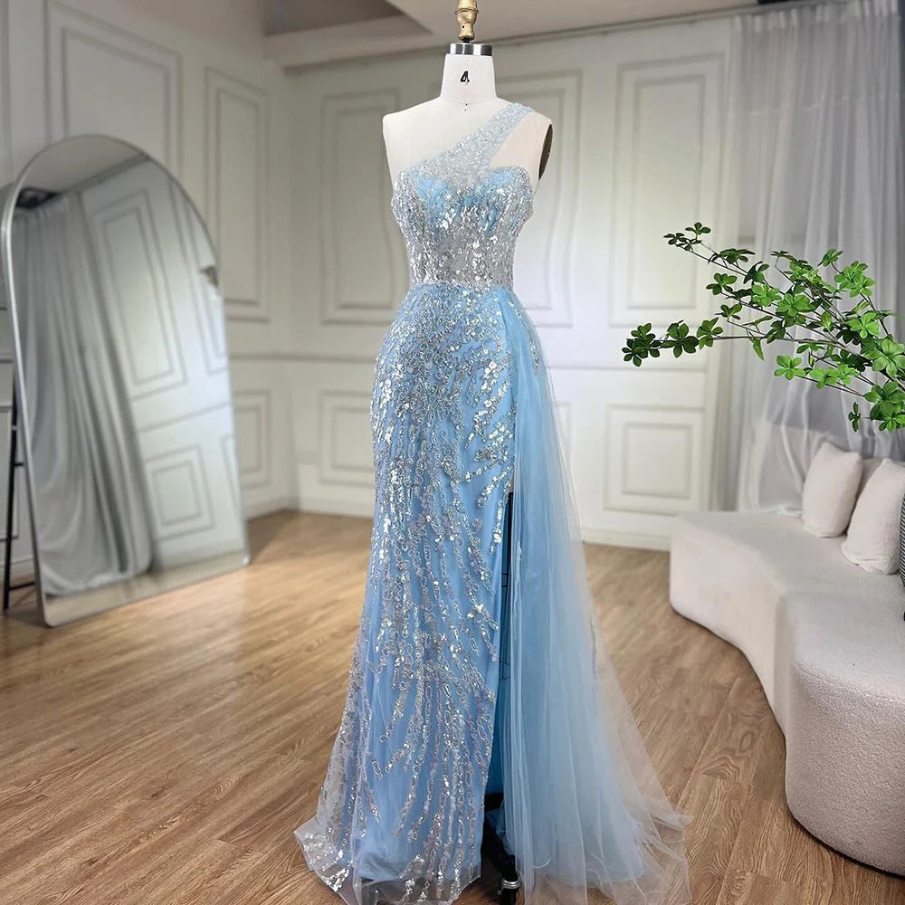Serene Hill Pink Mermaid Overskirt Evening Dresses Gowns 2025 One Shoulder Beaded Elegant For Women Party LA71616 - SERENE HILL