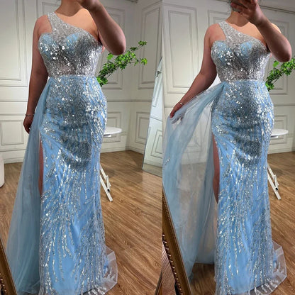 Serene Hill Pink Mermaid Overskirt Evening Dresses Gowns 2025 One Shoulder Beaded Elegant For Women Party LA71616 - SERENE HILL