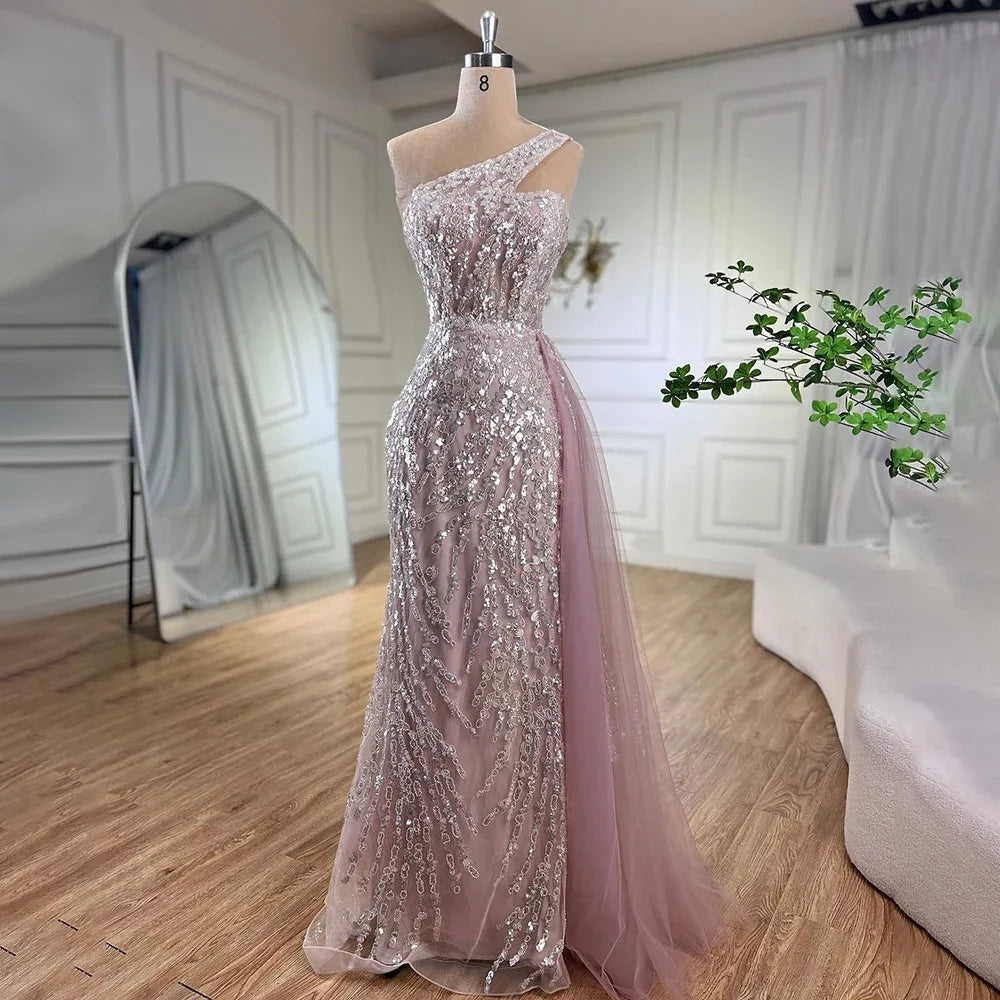 Serene Hill Pink Mermaid Overskirt Evening Dresses Gowns 2025 One Shoulder Beaded Elegant For Women Party LA71616 - SERENE HILL