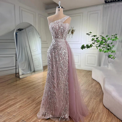 Serene Hill Pink Mermaid Overskirt Evening Dresses Gowns 2025 One Shoulder Beaded Elegant For Women Party LA71616 - SERENE HILL