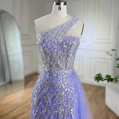 Serene Hill Pink Mermaid Overskirt Evening Dresses Gowns 2025 One Shoulder Beaded Elegant For Women Party LA71616 - SERENE HILL