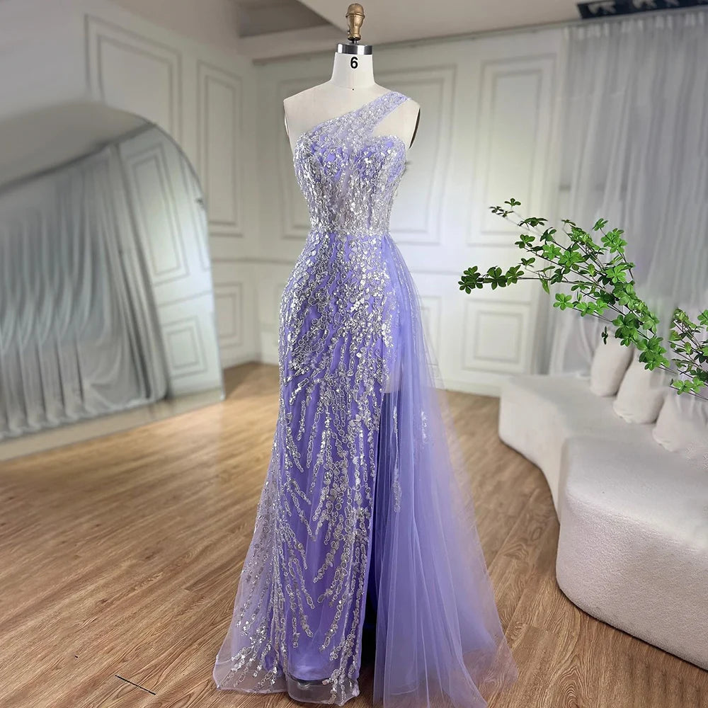 Serene Hill Pink Mermaid Overskirt Evening Dresses Gowns 2025 One Shoulder Beaded Elegant For Women Party LA71616 - SERENE HILL