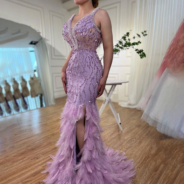 Luxury Feathers Pink Mermaid Evening Dresses LA72152