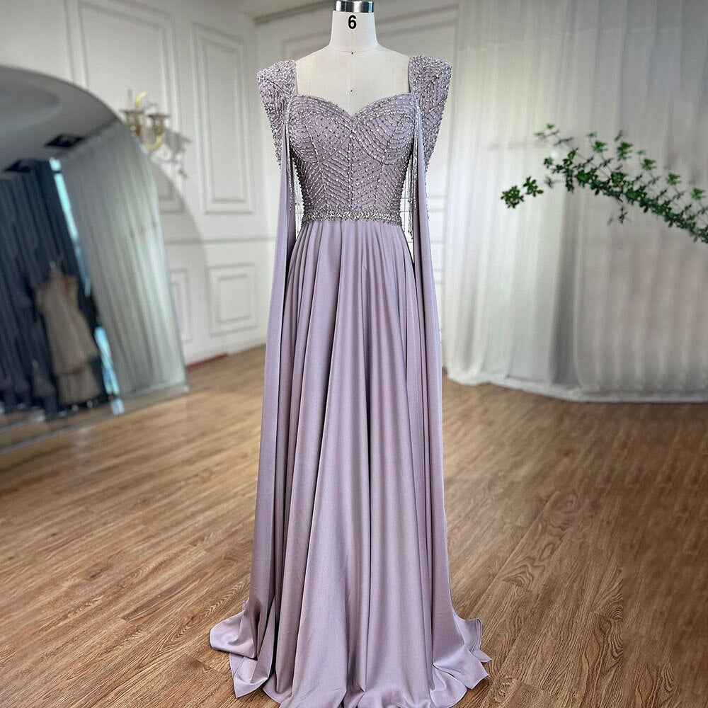 Serene Hill Pink Muslim Elegant Mermaid Cape Sleeves Evening Dresses Tassel Beaded Gowns 2025 For Women Wedding Party LA72159 - SERENE HILL