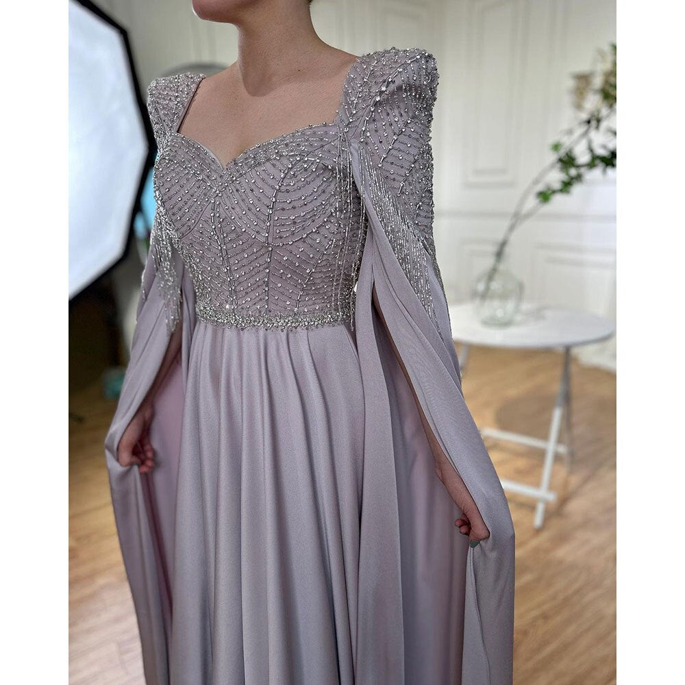 Serene Hill Pink Muslim Elegant Mermaid Cape Sleeves Evening Dresses Tassel Beaded Gowns 2025 For Women Wedding Party LA72159 - SERENE HILL