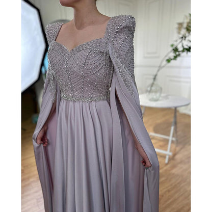 Serene Hill Pink Muslim Elegant Mermaid Cape Sleeves Evening Dresses Tassel Beaded Gowns 2025 For Women Wedding Party LA72159 - SERENE HILL