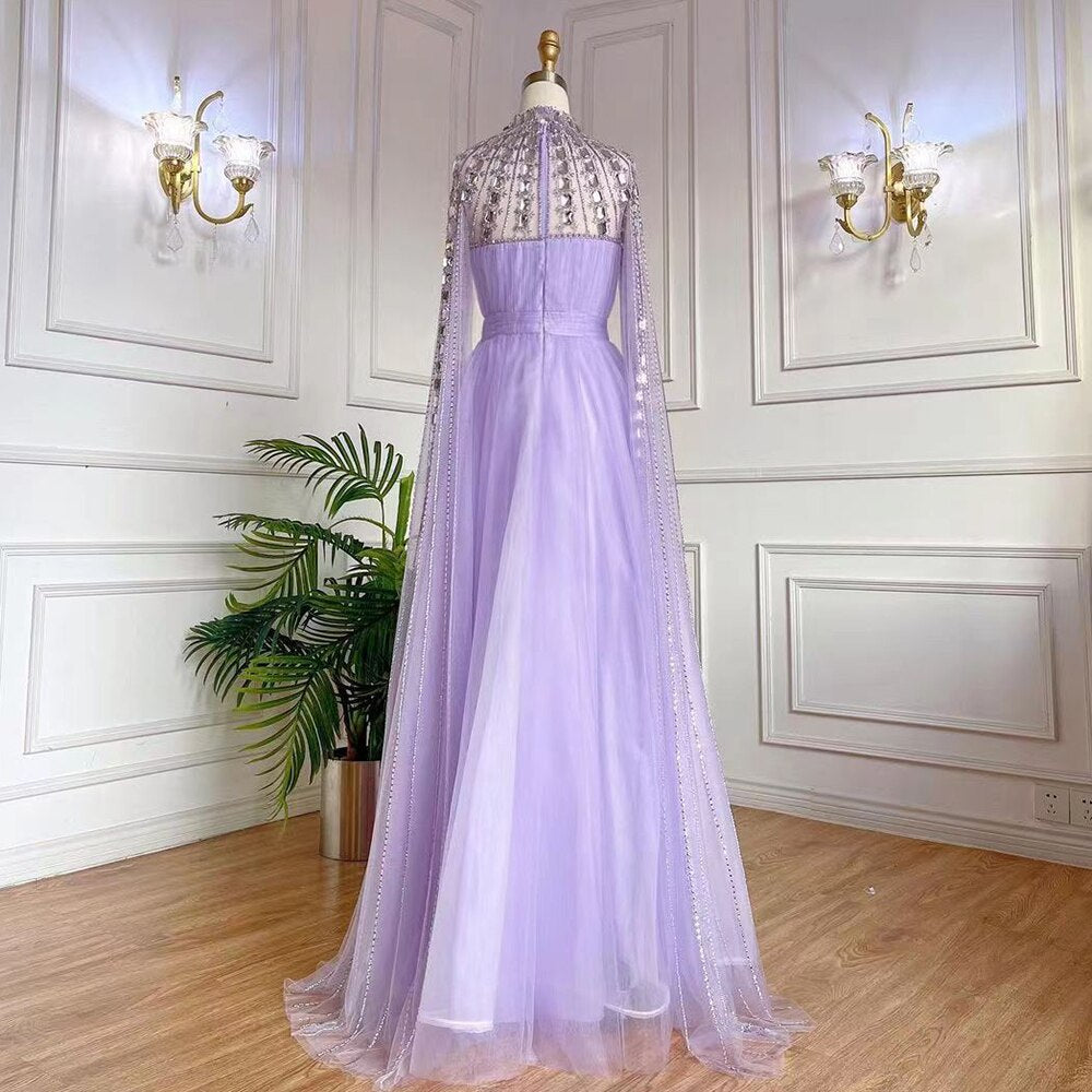 Serene Hill Purple Arabic A-Line Beaded Sexy Luxury Cape Sleeves High Neck Evening Dresses Gowns 2025 For Women Party LA71764 - SERENE HILL
