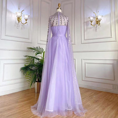 Serene Hill Purple Arabic A-Line Beaded Sexy Luxury Cape Sleeves High Neck Evening Dresses Gowns 2025 For Women Party LA71764 - SERENE HILL