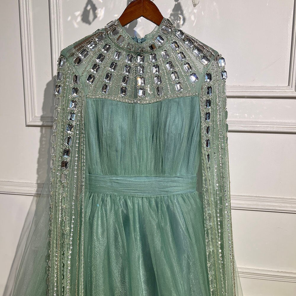 Serene Hill Purple Arabic A-Line Beaded Sexy Luxury Cape Sleeves High Neck Evening Dresses Gowns 2025 For Women Party LA71764 - SERENE HILL