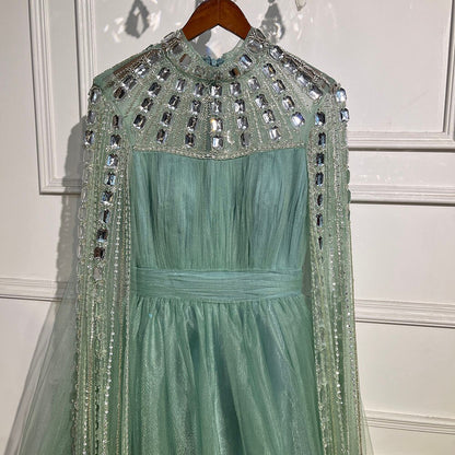 Serene Hill Purple Arabic A-Line Beaded Sexy Luxury Cape Sleeves High Neck Evening Dresses Gowns 2025 For Women Party LA71764 - SERENE HILL