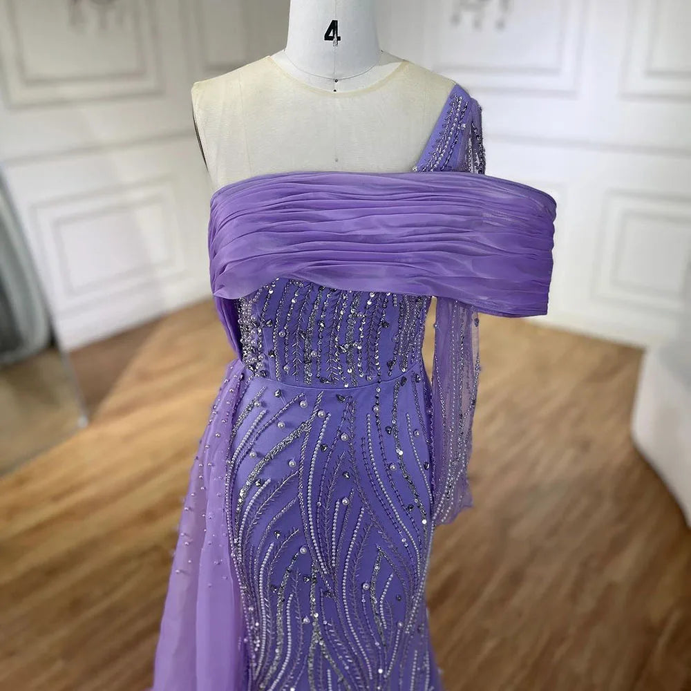 Serene Hill Purple Arabic Evening Dress Side Train Pearls One Shoulder for Women&
