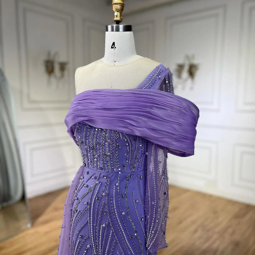 Serene Hill Purple Arabic Evening Dress Side Train Pearls One Shoulder for Women&