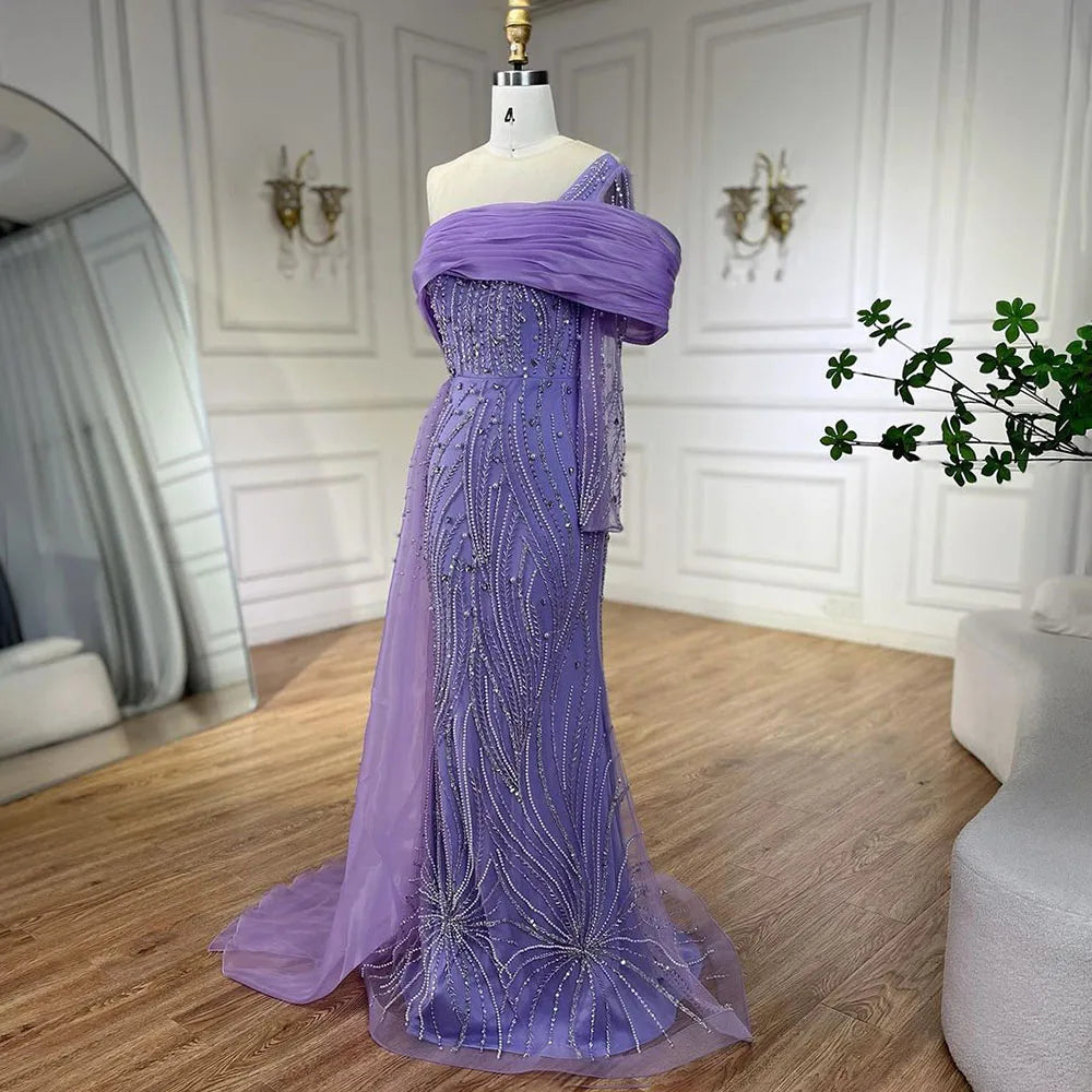 Serene Hill Purple Arabic Evening Dress Side Train Pearls One Shoulder for Women&