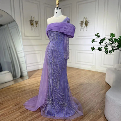 Serene Hill Purple Arabic Evening Dress Side Train Pearls One Shoulder for Women&