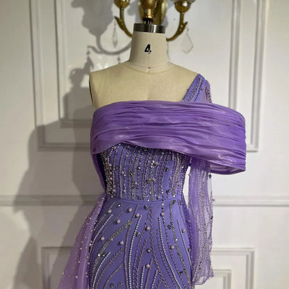 Serene Hill Purple Arabic Evening Dress Side Train Pearls One Shoulder for Women&