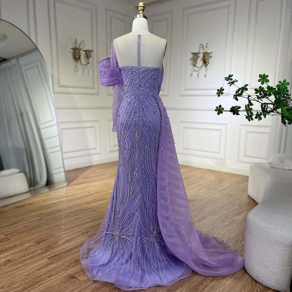 Serene Hill Purple Arabic Evening Dress Side Train Pearls One Shoulder for Women&