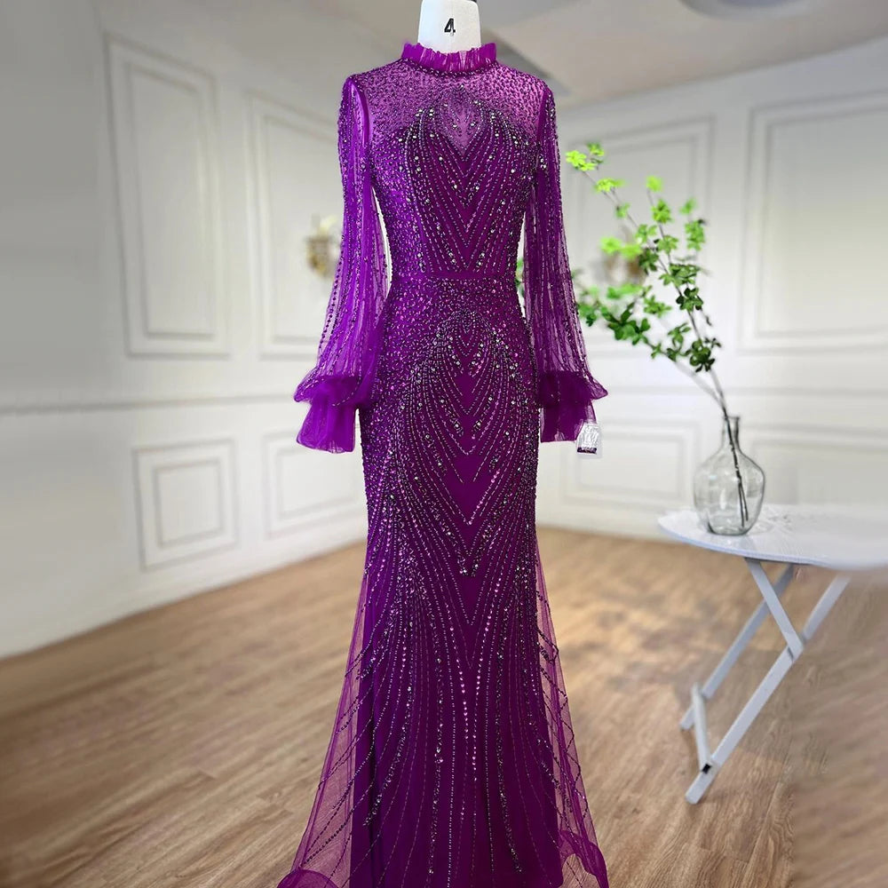 Serene Hill Purple Mermaid Elegant High Neck Evening Dresses Gowns Long Sleeves Beaded Luxury For Women Party LA71690 - SERENE HILL