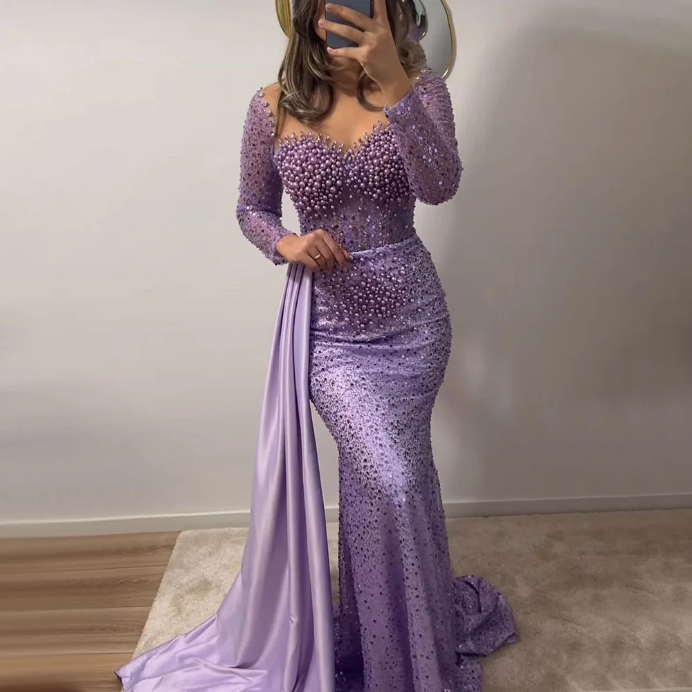 Serene Hill Purple Mermaid Elegant With Overskirt Luxury Pearls Beaded Evening Dresses Gowns for Women Wedding Party LA72429 - SERENE HILL