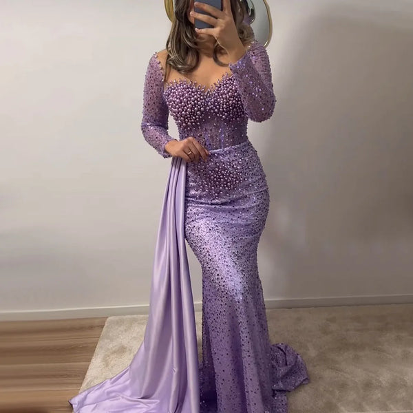 Serene Hill Purple Mermaid Elegant With Overskirt Luxury Pearls Beaded Evening Dresses Gowns for Women Wedding Party LA72429