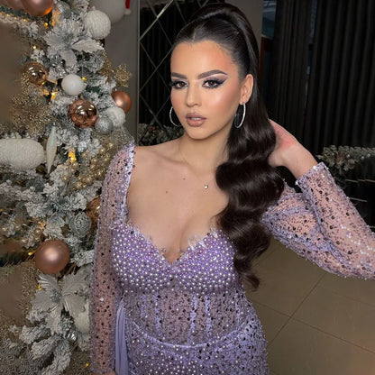 Serene Hill Purple Mermaid Elegant With Overskirt Luxury Pearls Beaded Evening Dresses Gowns for Women Wedding Party LA72429 - SERENE HILL