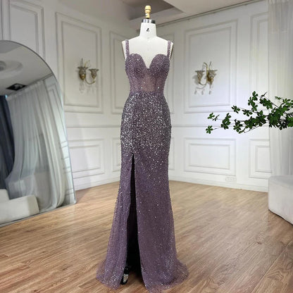 Serene Hill Purple Spaghetti Straps Mermaid Beaded Party High Split Evening Dresses Gowns for Woman Wedding Party 2025 LA72454 - SERENE HILL