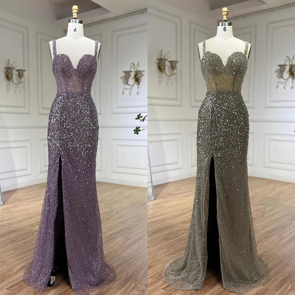 Serene Hill Purple Spaghetti Straps Mermaid Beaded Party High Split Evening Dresses Gowns for Woman Wedding Party 2025 LA72454 - SERENE HILL