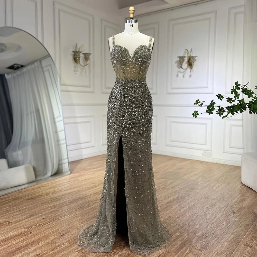 Serene Hill Purple Spaghetti Straps Mermaid Beaded Party High Split Evening Dresses Gowns for Woman Wedding Party 2025 LA72454 - SERENE HILL