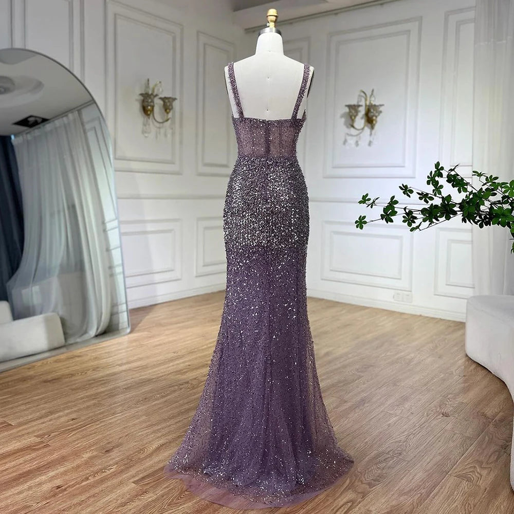 Serene Hill Purple Spaghetti Straps Mermaid Beaded Party High Split Evening Dresses Gowns for Woman Wedding Party 2025 LA72454 - SERENE HILL