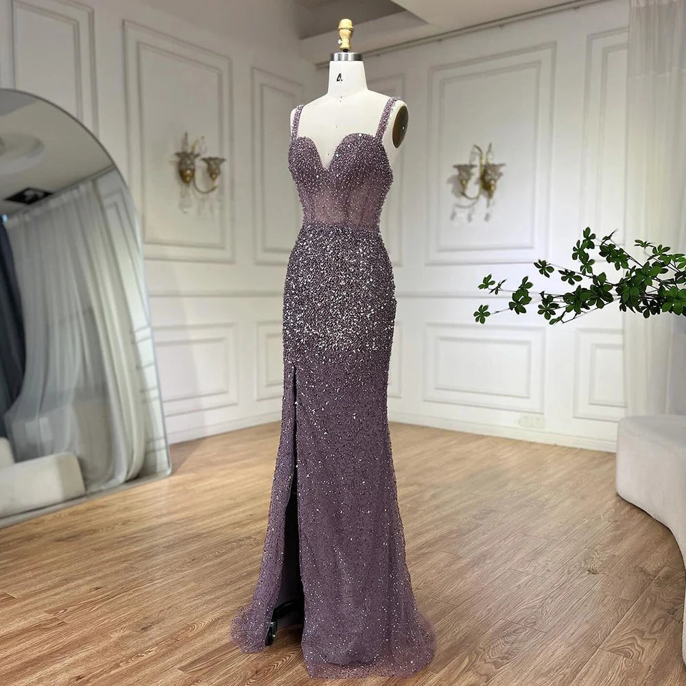 Serene Hill Purple Spaghetti Straps Mermaid Beaded Party High Split Evening Dresses Gowns for Woman Wedding Party 2025 LA72454 - SERENE HILL