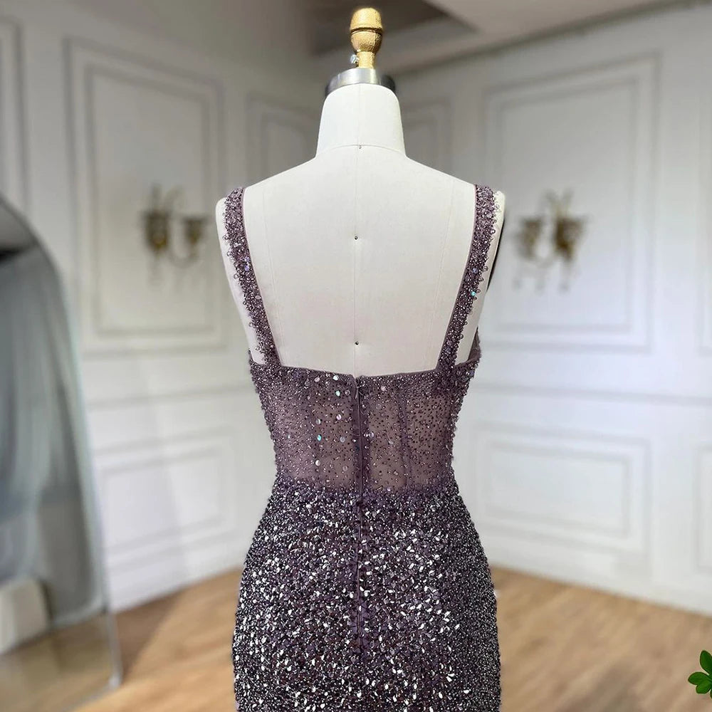 Serene Hill Purple Spaghetti Straps Mermaid Beaded Party High Split Evening Dresses Gowns for Woman Wedding Party 2025 LA72454 - SERENE HILL