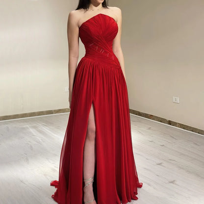 Serene Hill Red Chiffon Elegant Srapless with Split Evening Dress Luxury Dubai Arabic Women Wedding Prom Party Gowns 2025 LA72537 - SERENE HILL