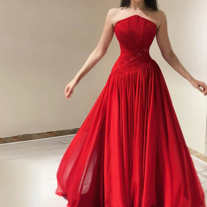 Serene Hill Red Chiffon Elegant Srapless with Split Evening Dress Luxury Dubai Arabic Women Wedding Prom Party Gowns 2025 LA72537 - SERENE HILL