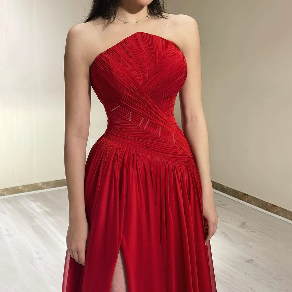Serene Hill Red Chiffon Elegant Srapless with Split Evening Dress Luxury Dubai Arabic Women Wedding Prom Party Gowns 2025 LA72537 - SERENE HILL